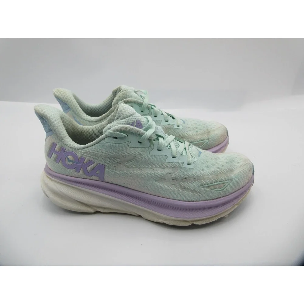Hoka One‎ One Clifton 9 Running Shoes Womens Size 7.5 Mint Green Purple Sneakers